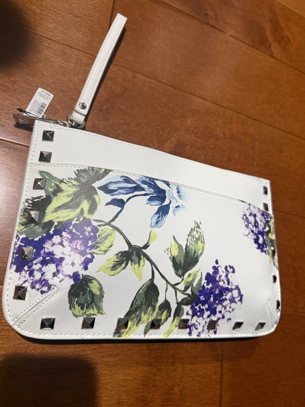 White House Black Market White Floral Studded Wristlet Clutch